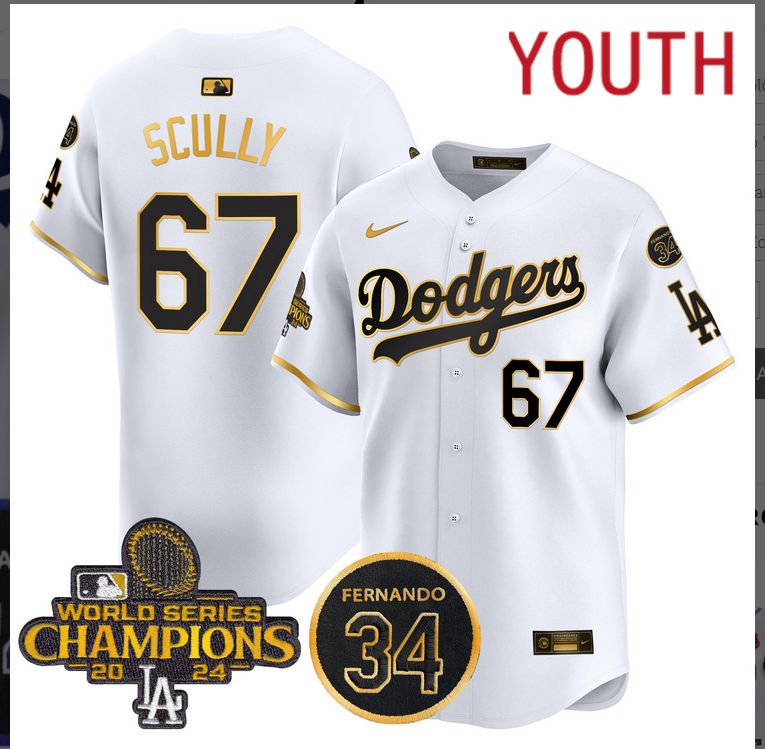 Youth  MLB Los Angeles Dodgers #67 Scully white 2024 World Series Champions Patch Limited Jersey style 2